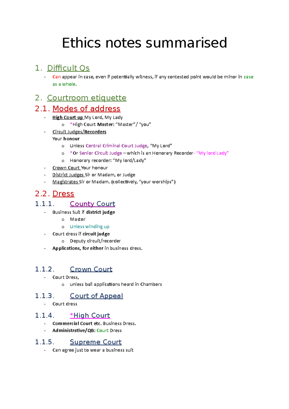 Ethics notes summarised - Difficult Qs Can appear in case, even if ...