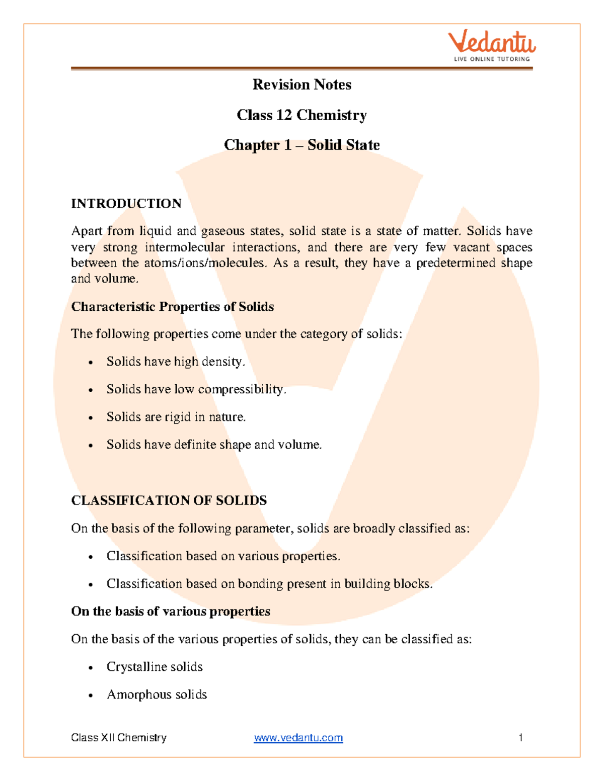 Class 12 Chemistry Revision Notes The Solid State - Revision Notes ...