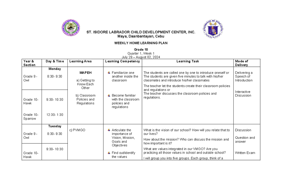 (JHS) Q1 LP WEEK 1 - learning plan to guide - ST. ISIDORE LABRADOR ...