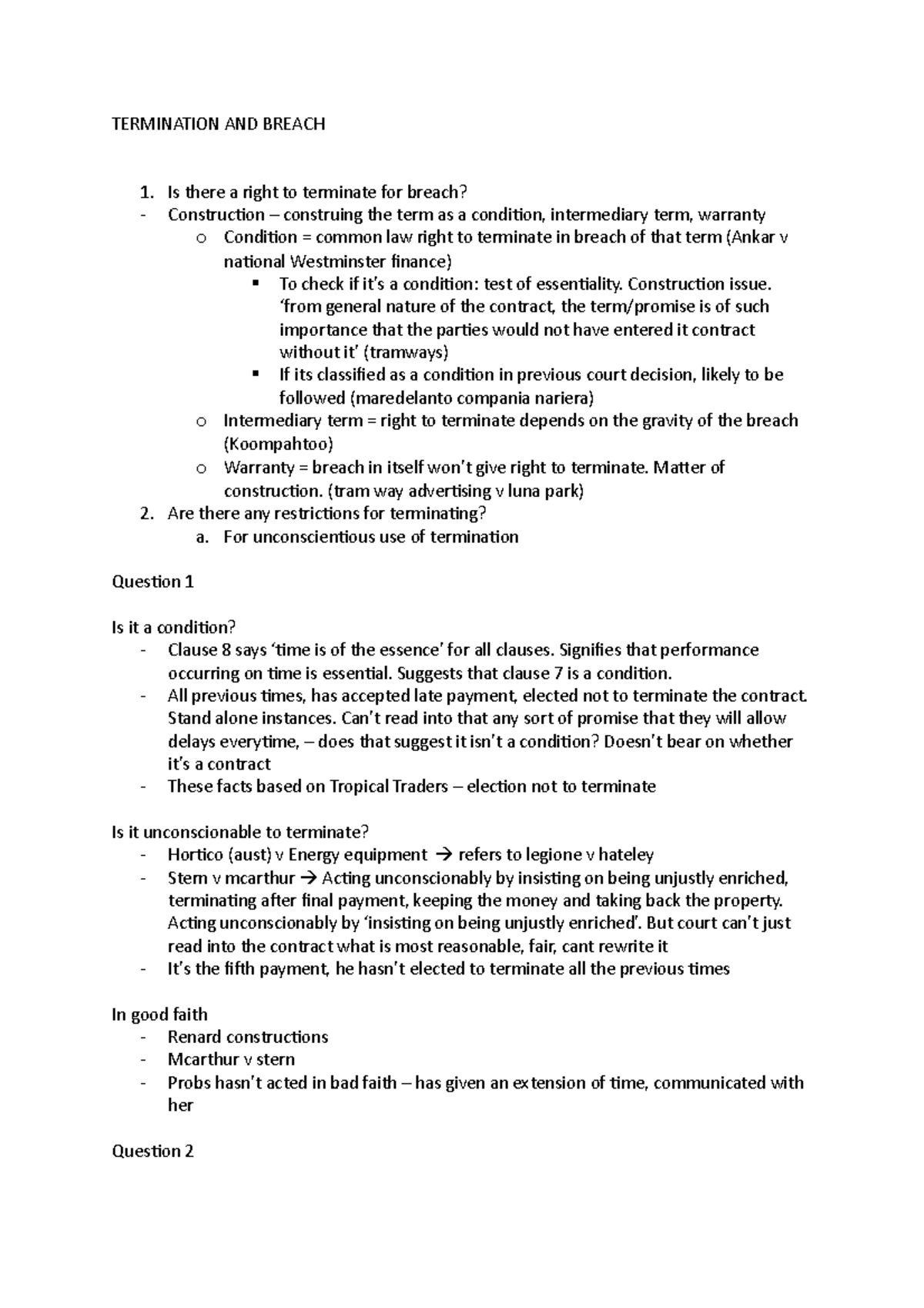 Wk 11 - Contracts Tutorial Notes - Termination And Breach - TERMINATION ...