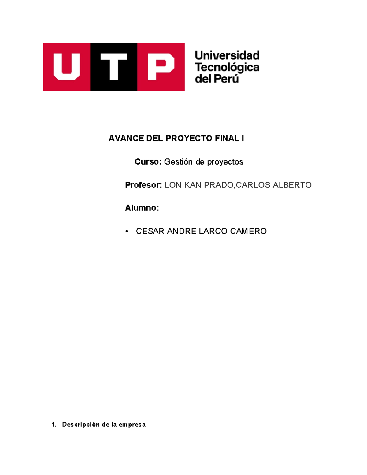 Avance de proyecto final I gestion de proyectos - AVANCE DEL PROYECTO ...