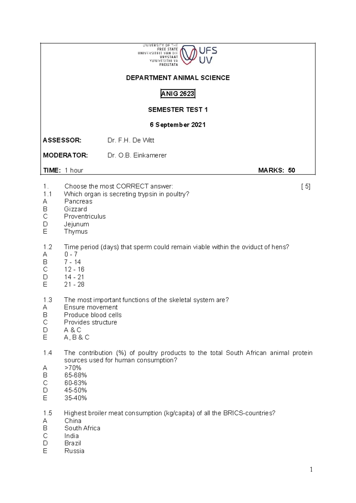 21 ANIG2623 Semester test 1 (6 September 2021) - DEPARTMENT ANIMAL ...