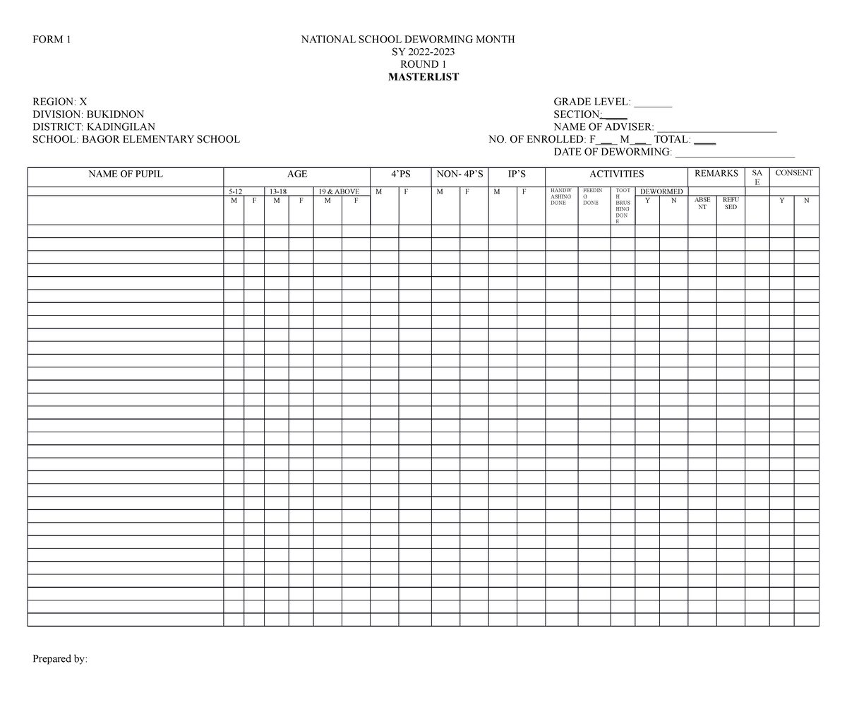 Deworming Form Grade Six - FORM 1 NATIONAL SCHOOL DEWORMING MONTH SY ...