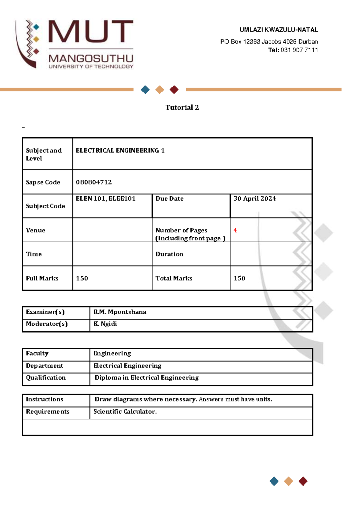 Tutorial 2 Elec Eng1 30 April 2024 - Tutorial 2 _ Subject and Level ...