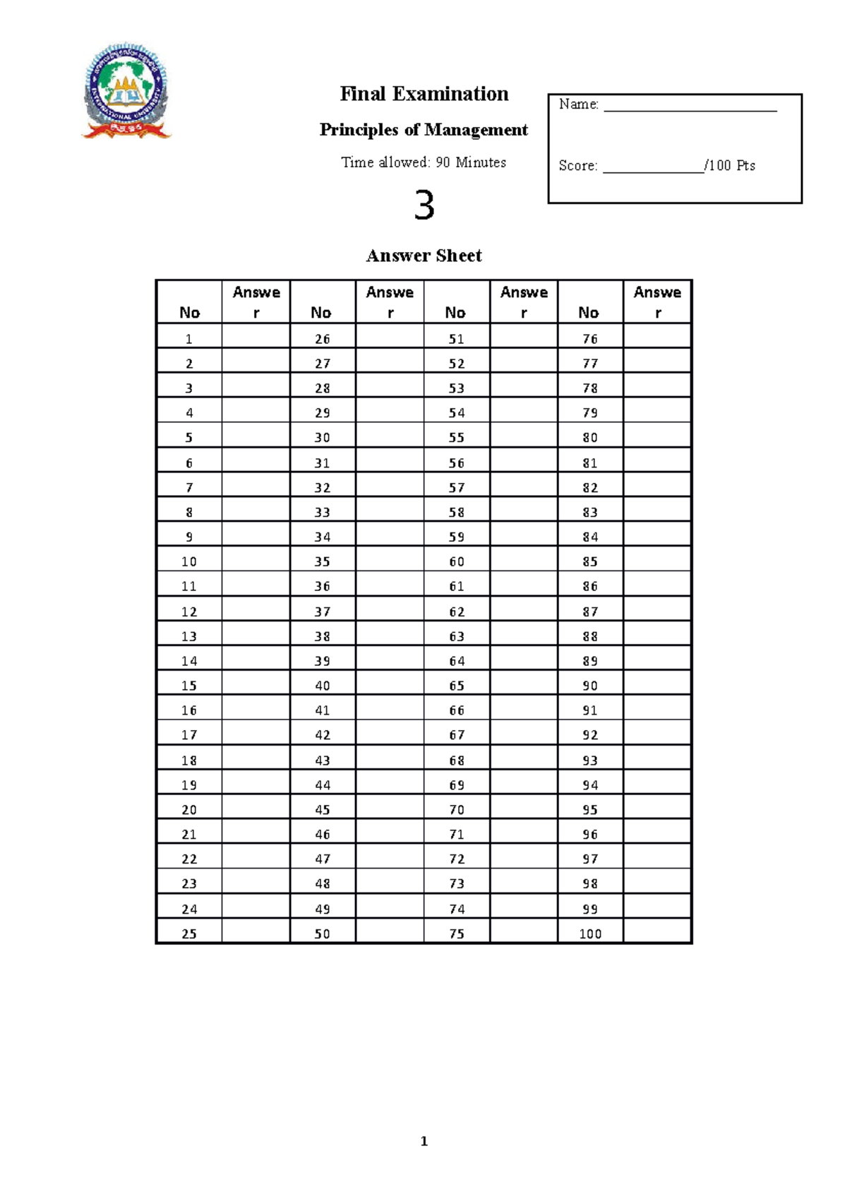 Final Exam Priciples of Mgt Y2S1 PP Final Examination Principles of Management Time allowed