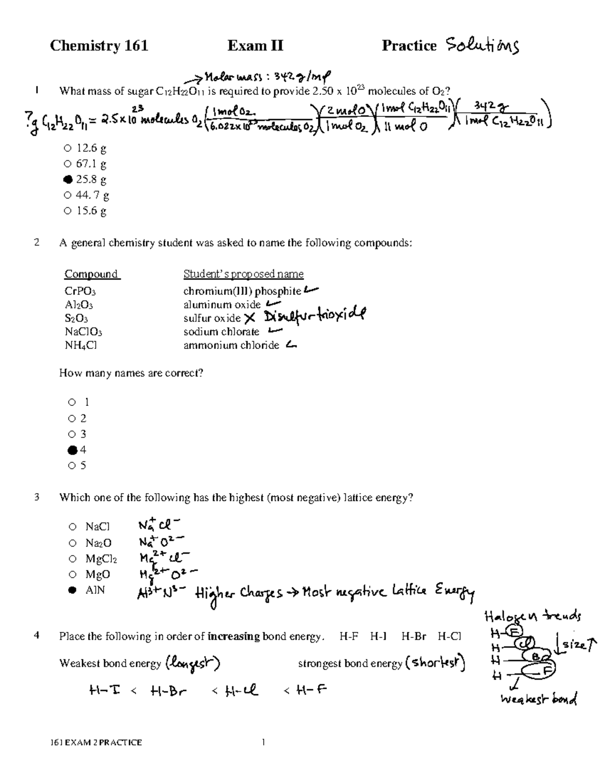 Practice Exam 2 Solutions - Chemistry 161 Exam II Practice 1 What mass ...