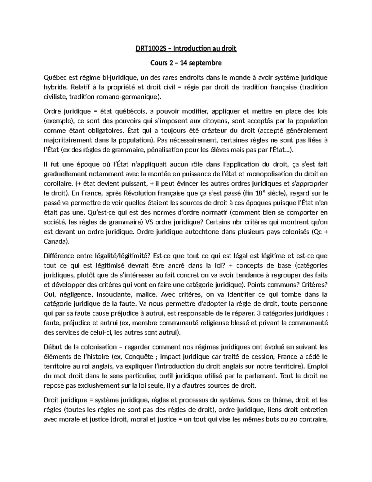 Notes de cours 1 - DRT1002S – Introduction au droit Cours 2 – 14 ...