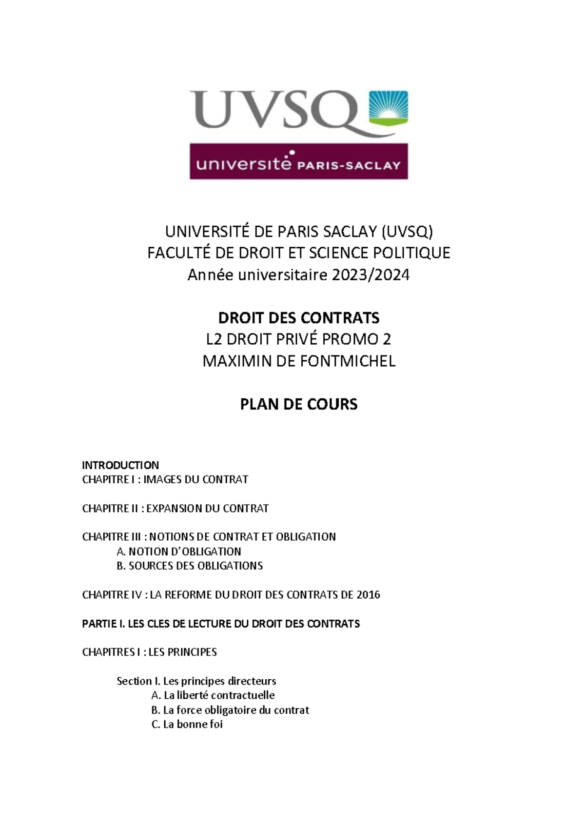 Plan Cours Droit des obligations - UNIVERSITÉ DE PARIS SACLAY (UVSQ ...