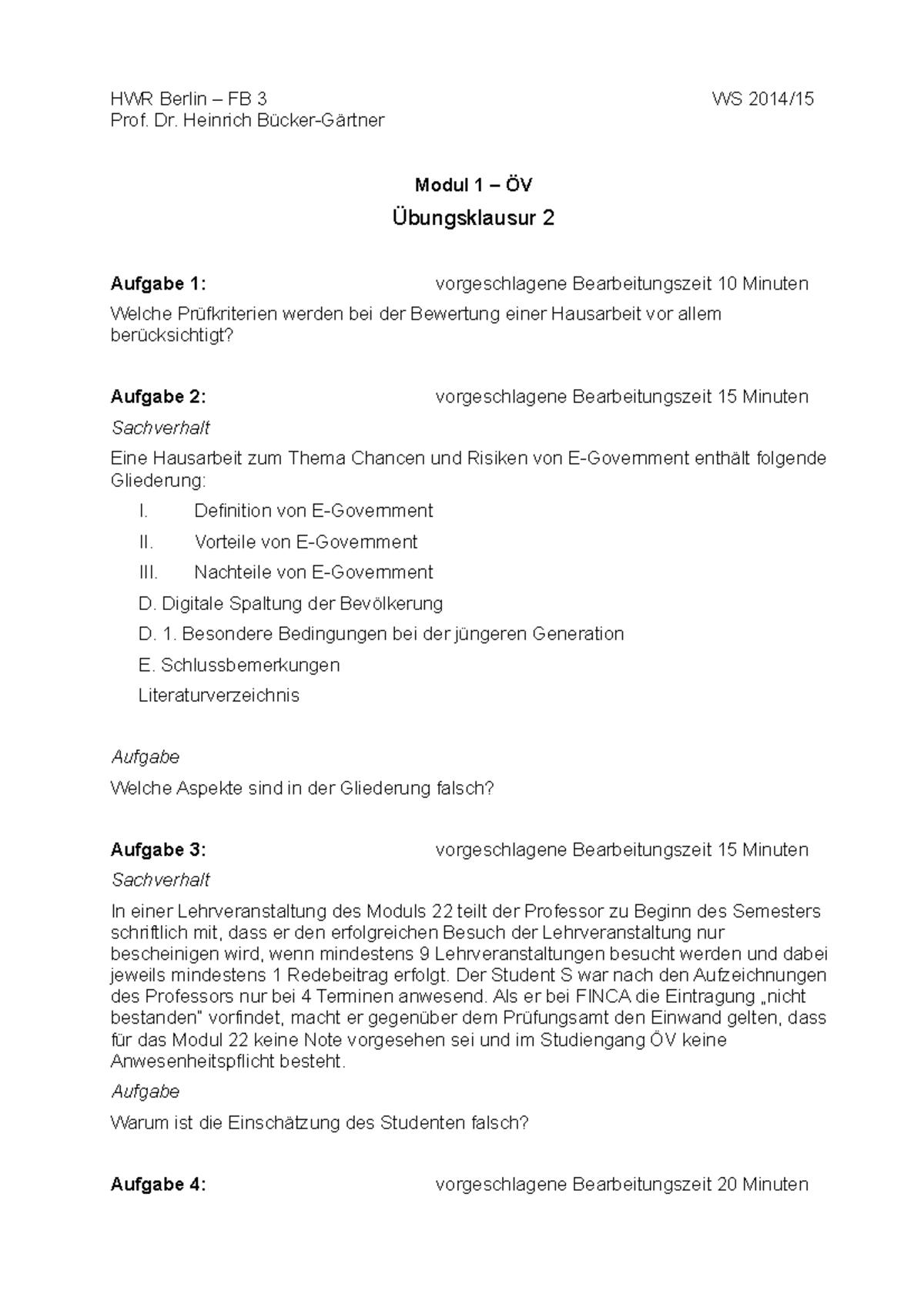 Probeklausur 2013, Fragen HWR Berlin FB 3 Prof. Dr. Heinrich Bücker
