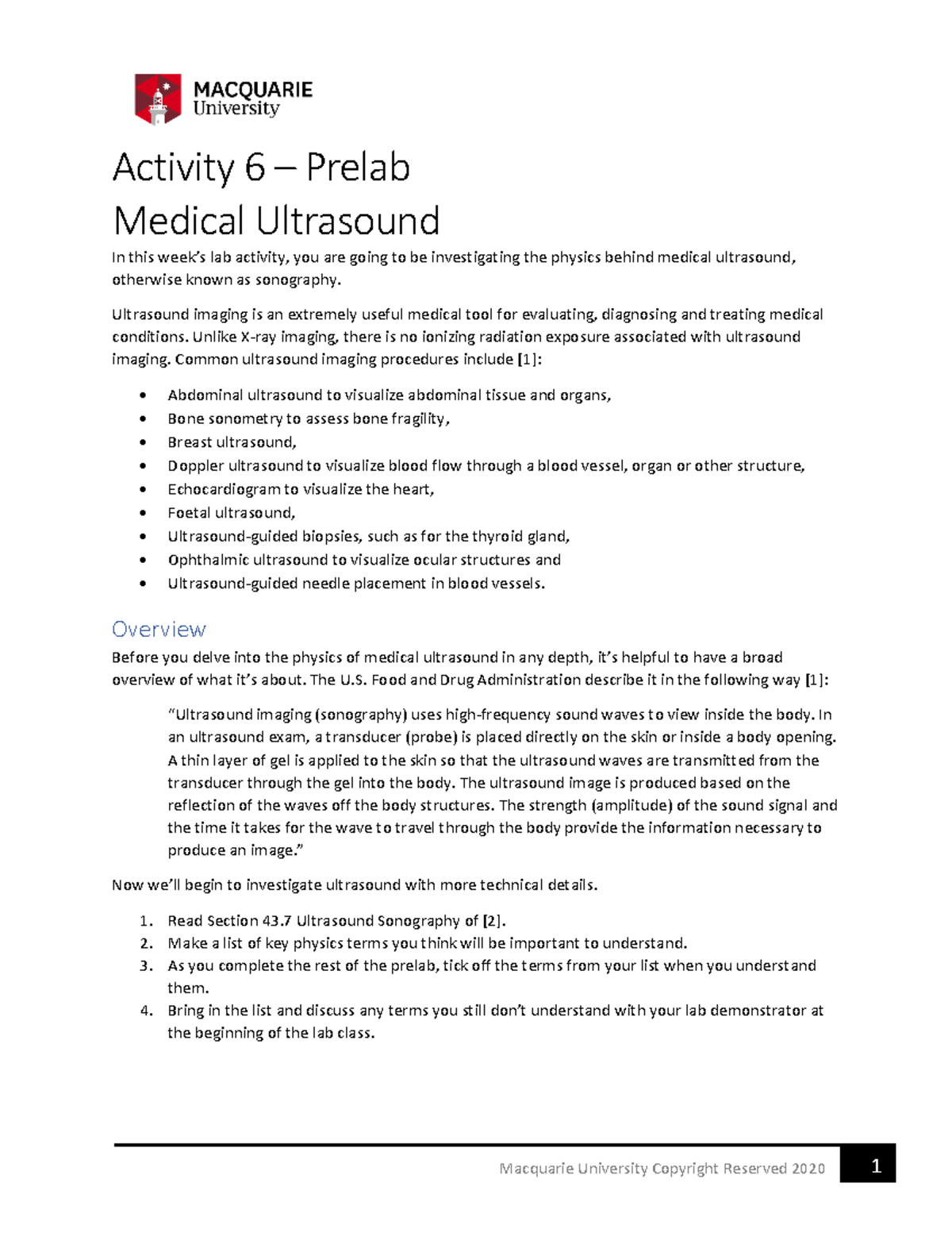 Activity 6 Medical Ultrasound Prelab 3072020 Macquarie