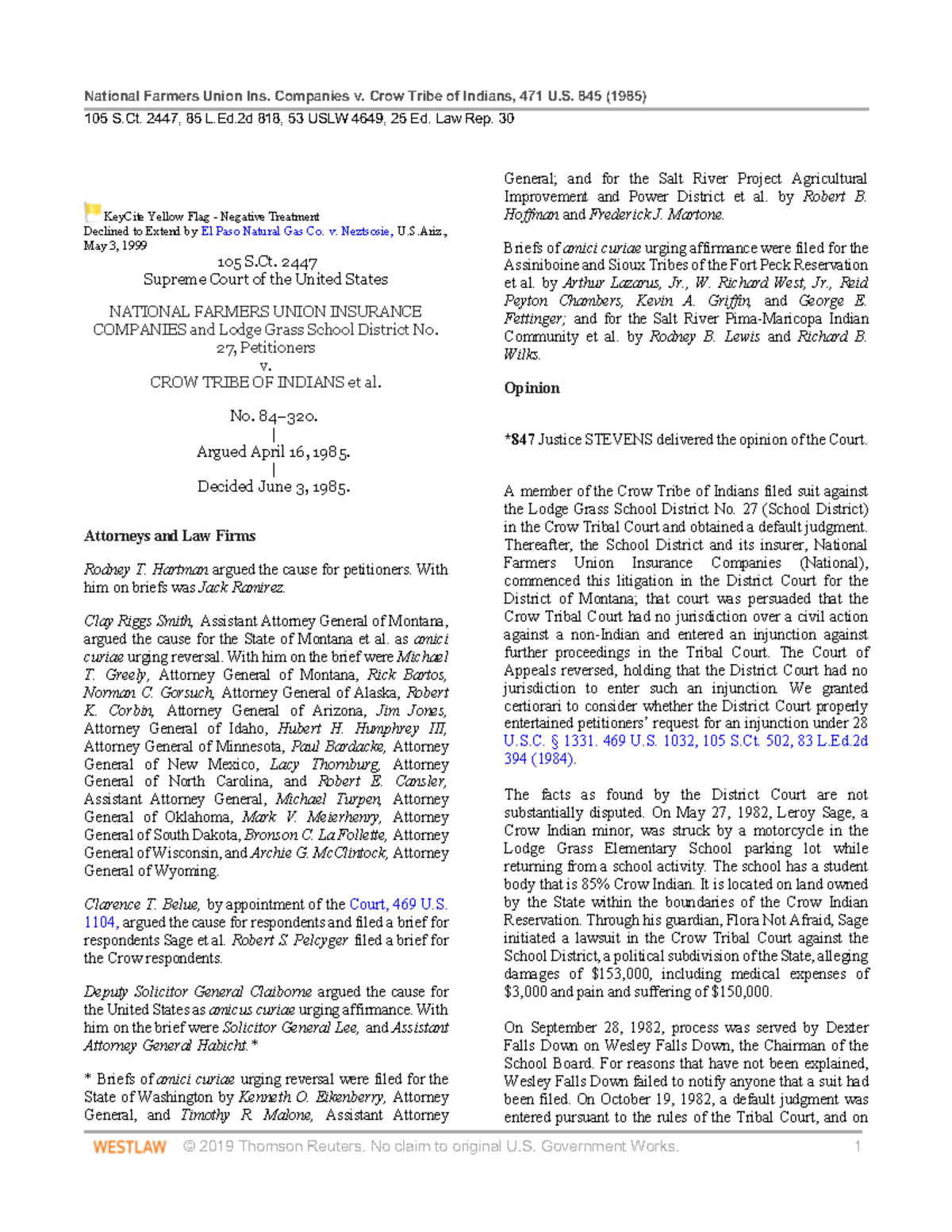 National Farmers Union Ins Cos v Crow Tribe of Indians student - 105 S