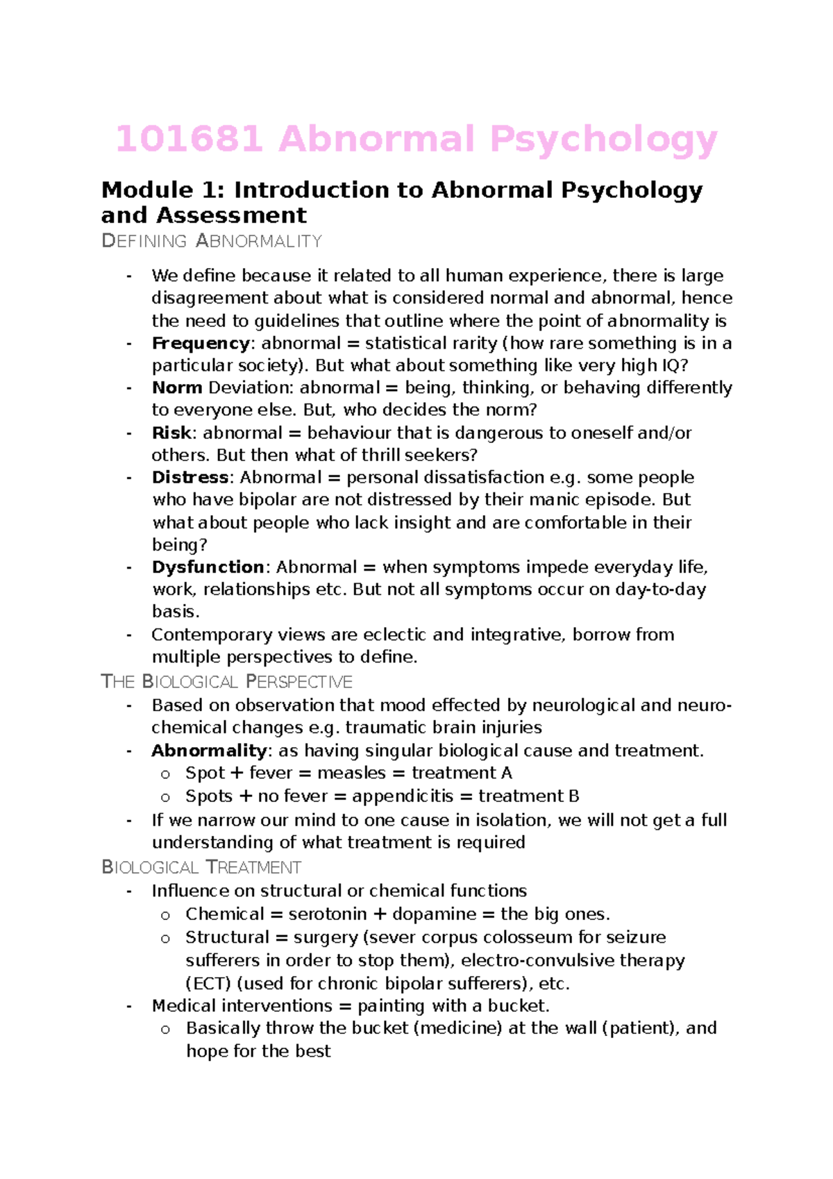 Lecture Notes - 101681 Abnormal Psychology Module 1: Introduction to ...