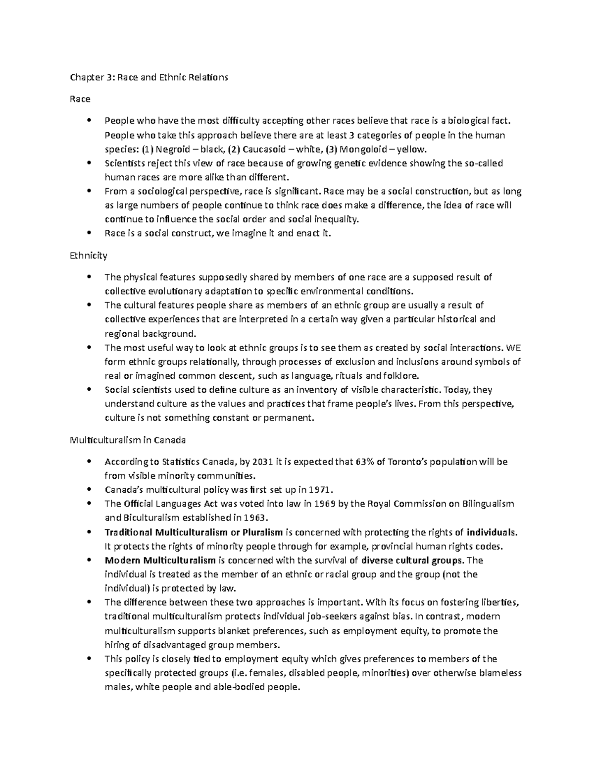 SP - Chapter 3 - Lecture notes 3 - Chapter 3: Race and Ethnic Relaions ...