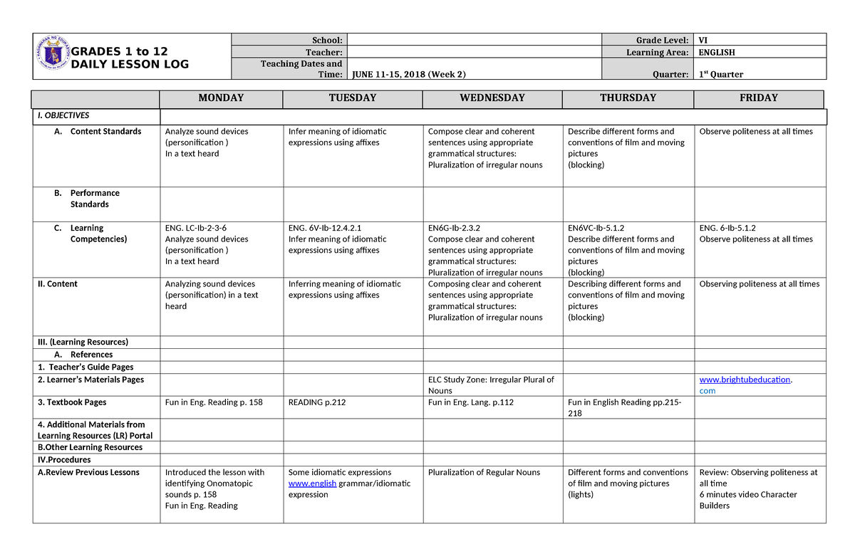 DLL English 6 Q1 W2 - lesson plan - GRADES 1 to 12 DAILY LESSON LOG ...