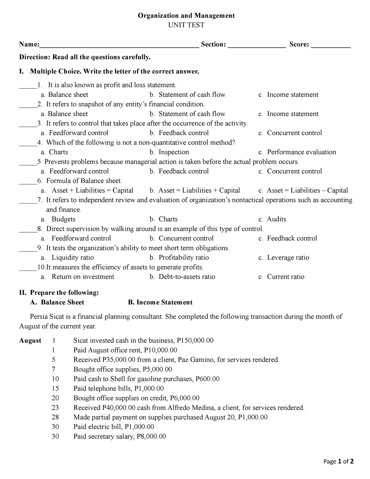 UNIT-TEST- Controlling - Organization and Management UNIT TEST - Studocu