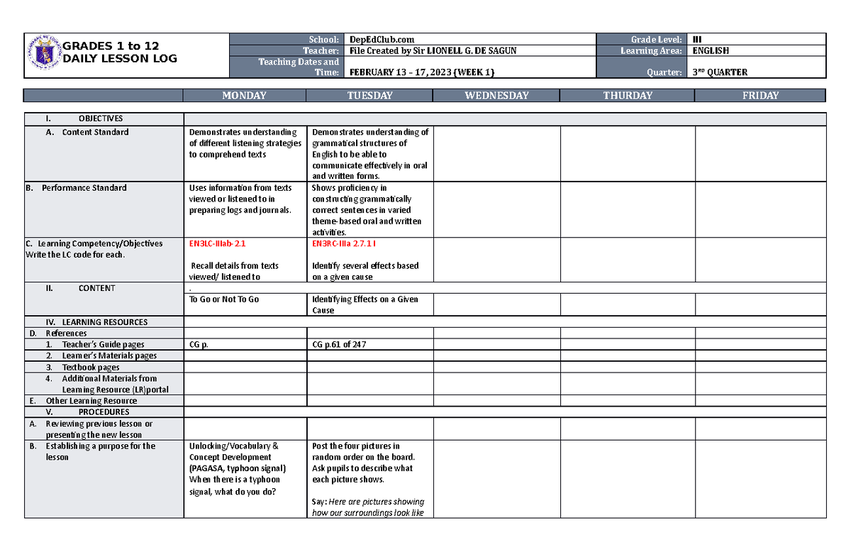 DLL English 3 Q3 W1 - m,vszvgesdrvgdevgwefgrerhbydttmdnhcf - GRADES 1 ...