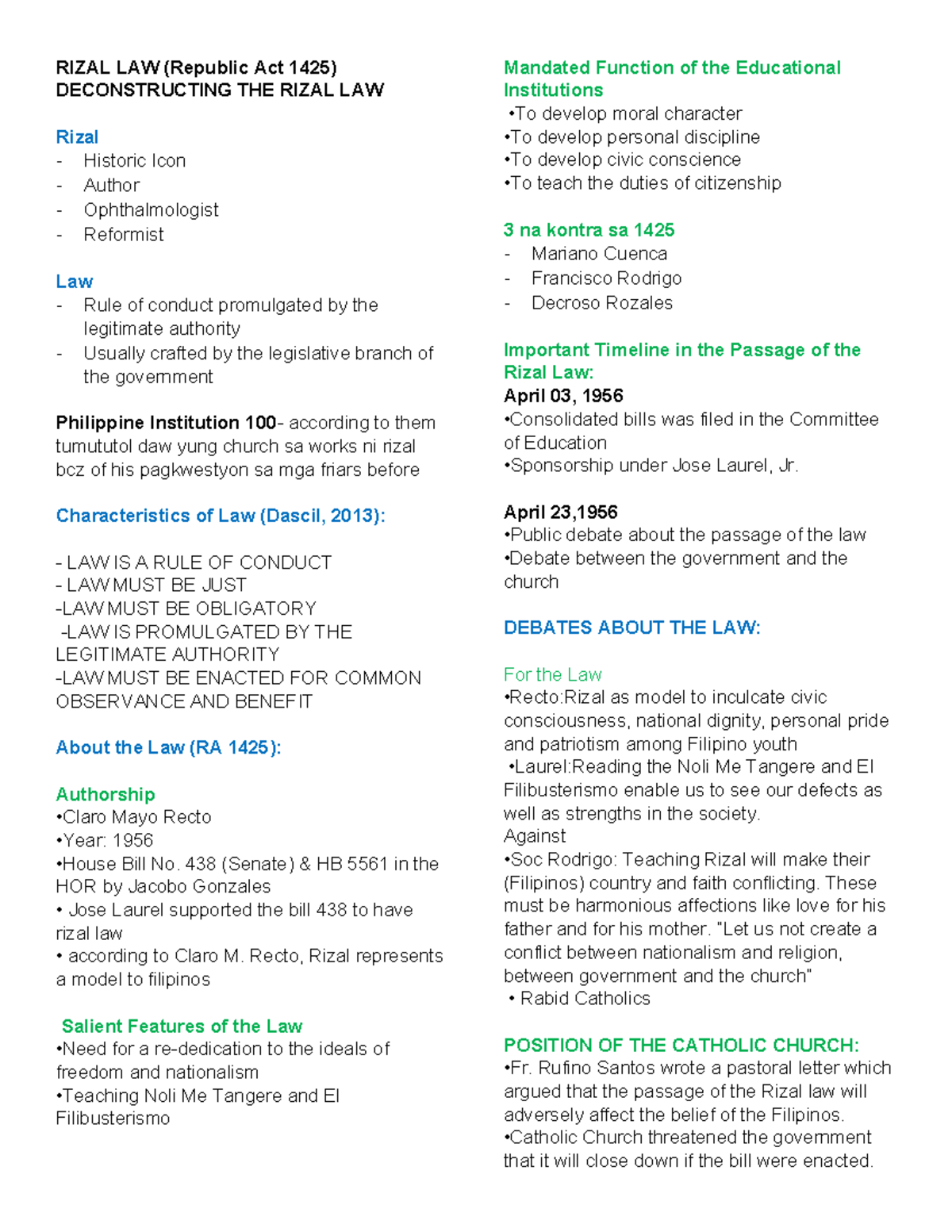 Rizal LAW- Reviewer MT - RIZAL LAW (Republic Act 1425) DECONSTRUCTING ...