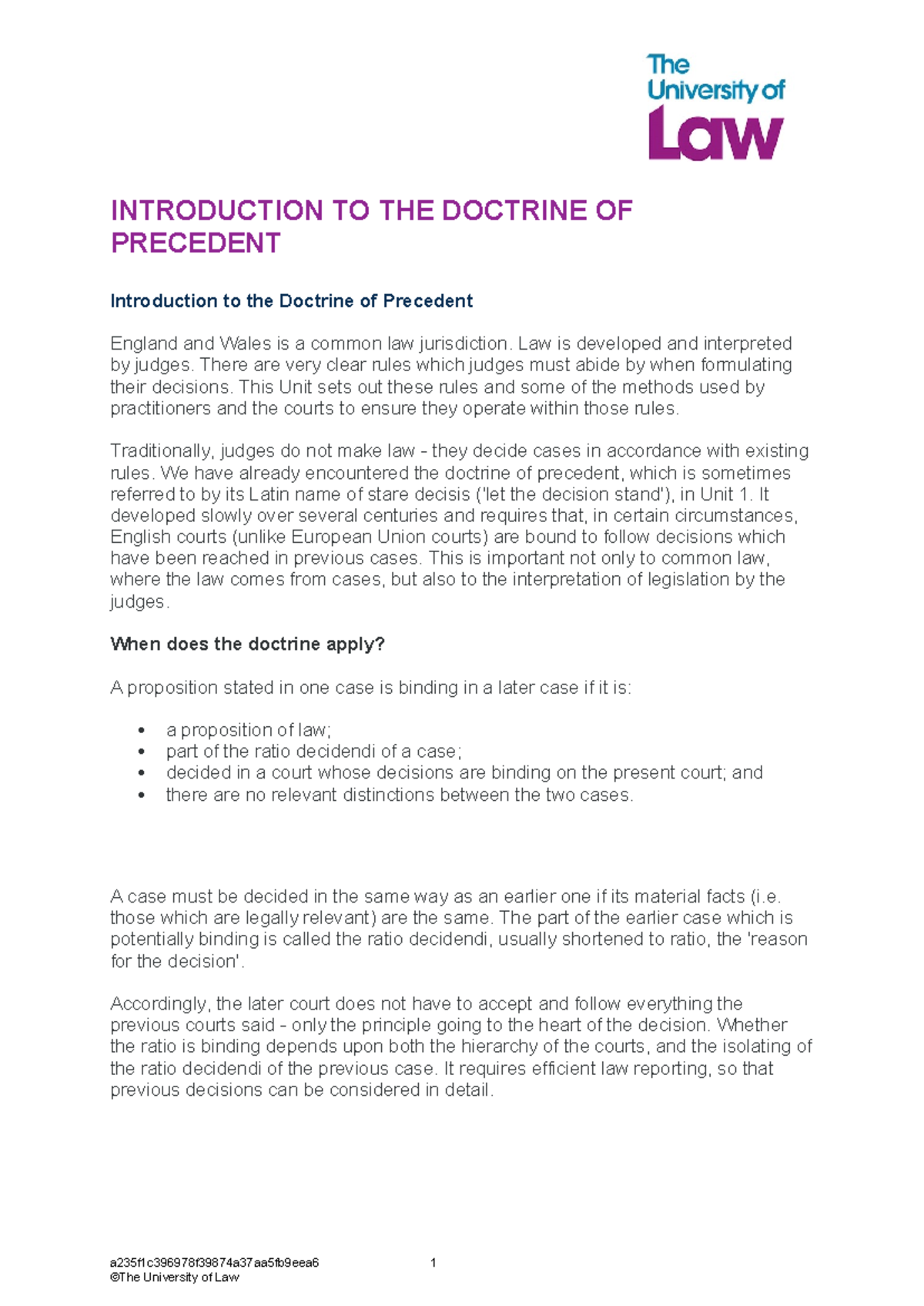 Intro to doctrine of precedent - INTRODUCTION TO THE DOCTRINE OF ...