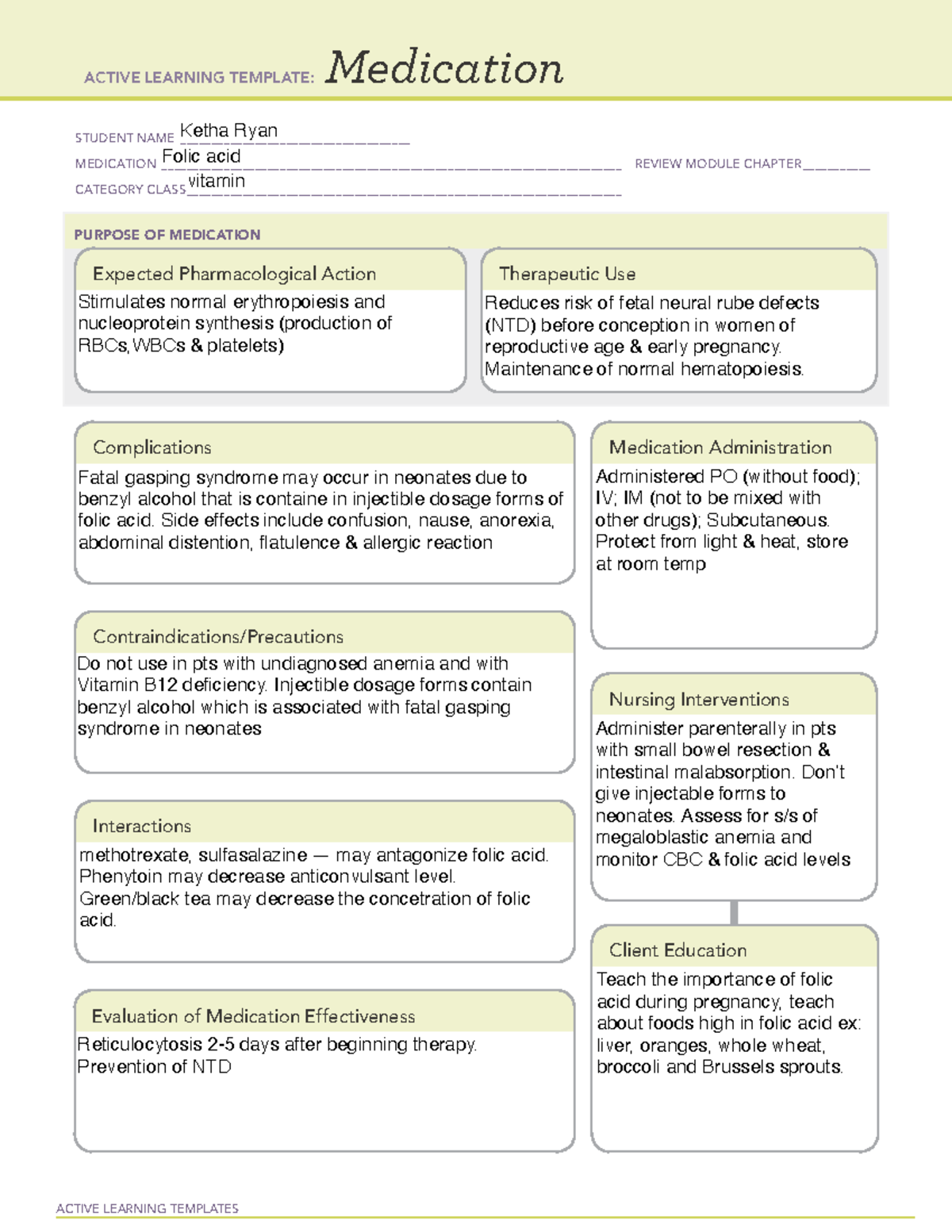 Folic acid - ATI Med Template - ACTIVE LEARNING TEMPLATES Medication ...