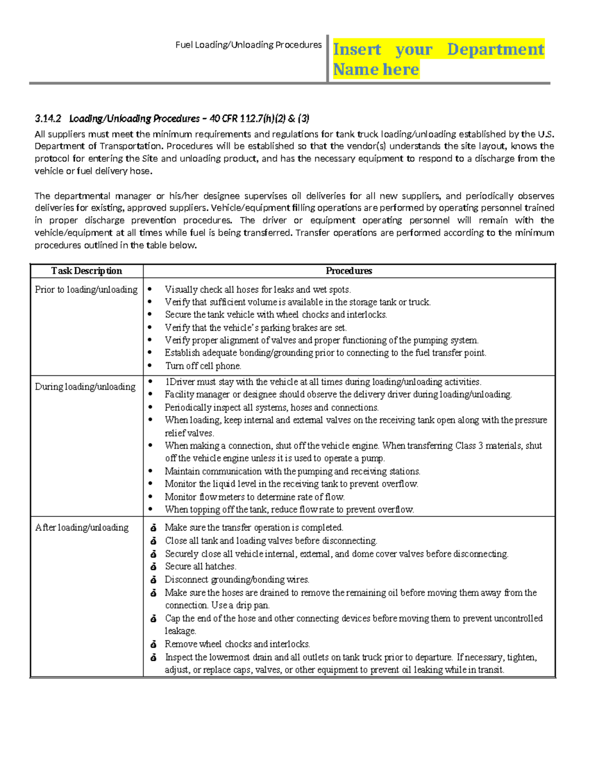 Fuel Unloading Checklist - Fuel Loading/Unloading Procedures Insert ...