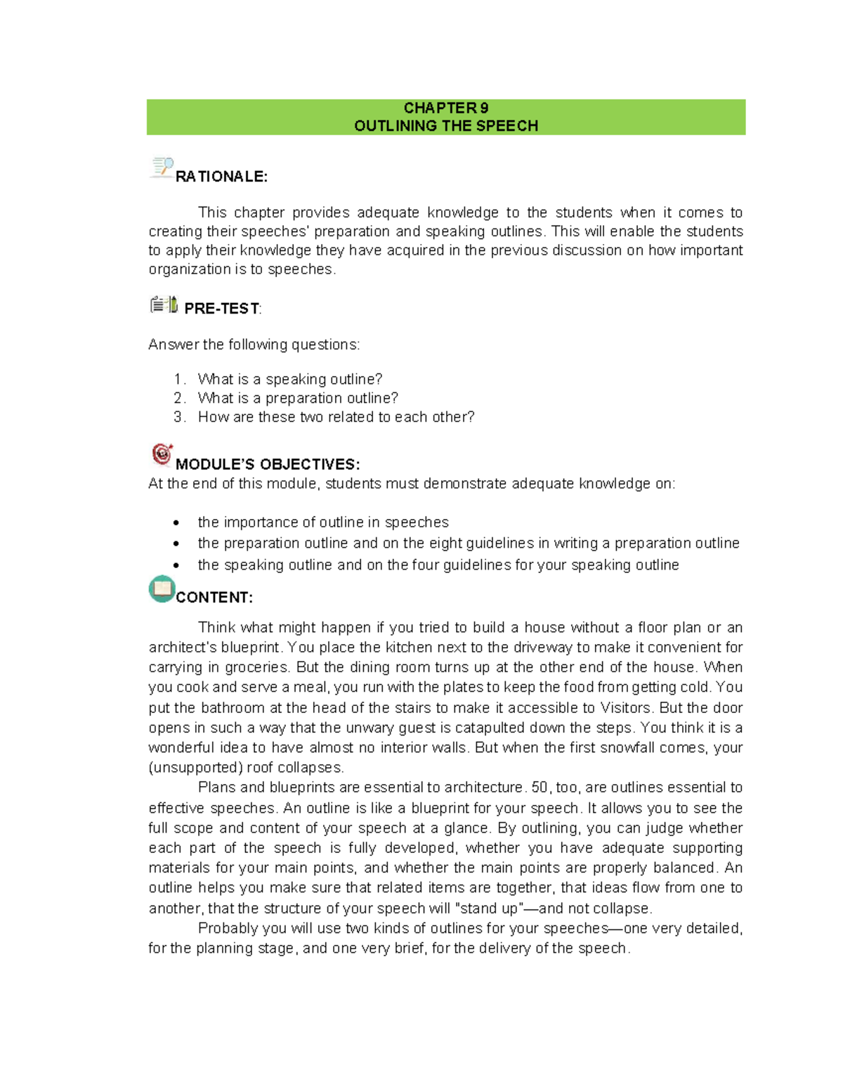 PSP Handout 9 Chapter 9 CHAPTER 9 OUTLINING THE SPEECH RATIONALE