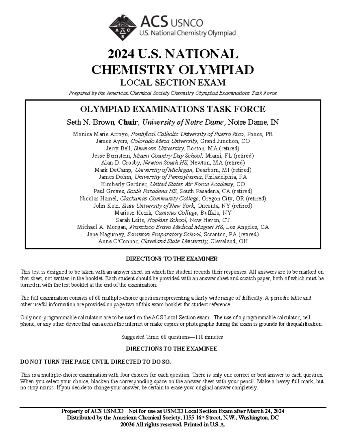 2024 usnco local exam - Practice Exam - Property of ACS USNCO – Not for ...