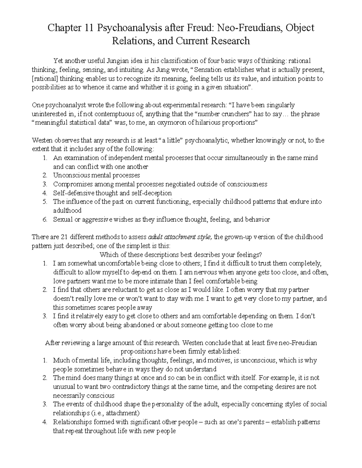 Chapter 11 Psychoanalysis after Freud Notes - As Jung wrote, “Sensation ...