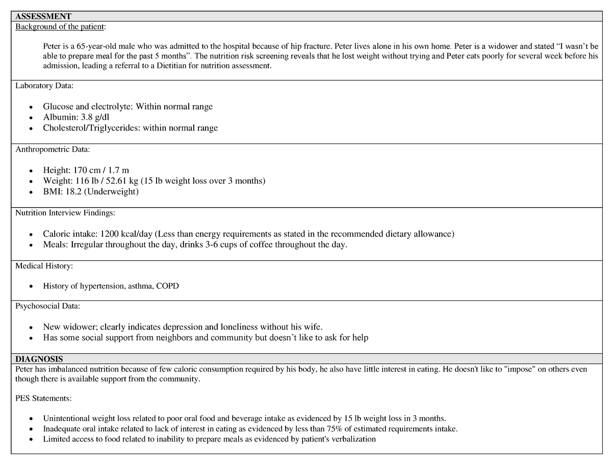 Adime N A ASSESSMENT Background Of The Patient Peter Is A 65 year 