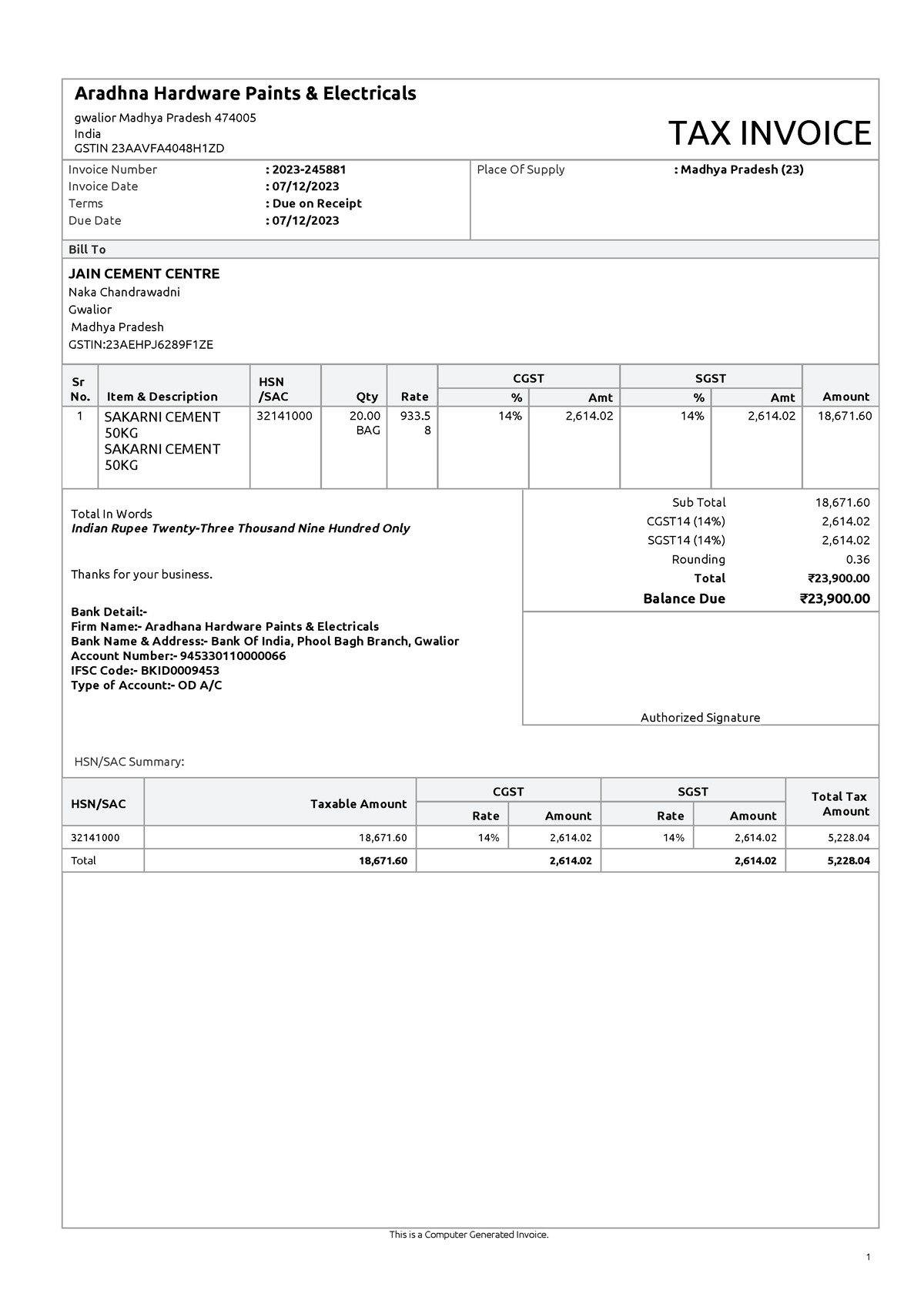 2023-245881 - Good - 1 This Is A Computer Generated Invoice. Sub Total 