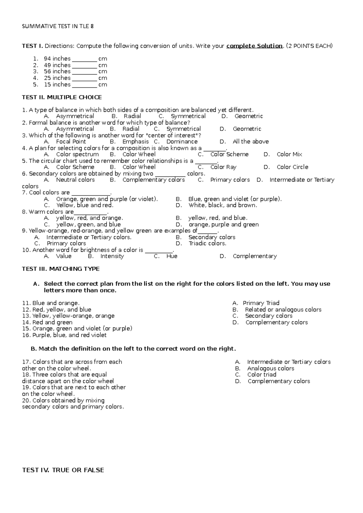 Summative G8 QUIZ SUMMATIVE TEST IN TLE 8 TEST I. Directions