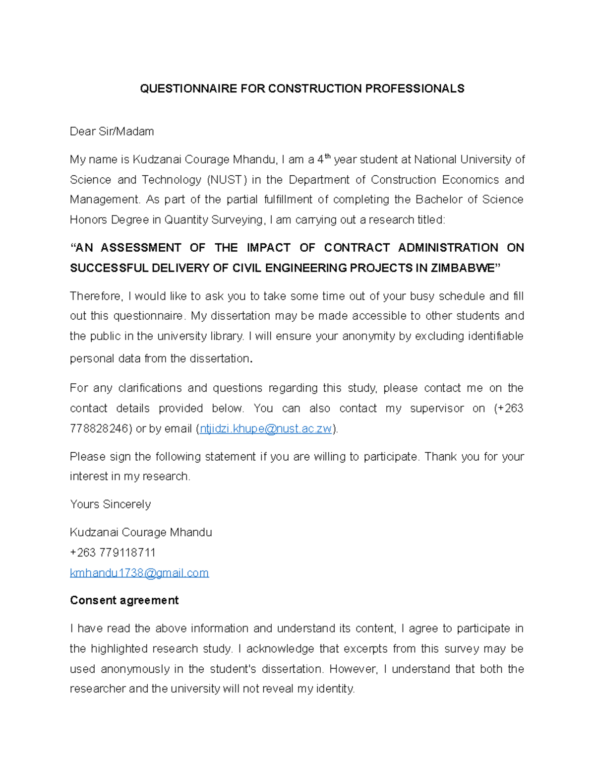Kudzanai 30012023 Questionnaire - QUESTIONNAIRE FOR CONSTRUCTION ...