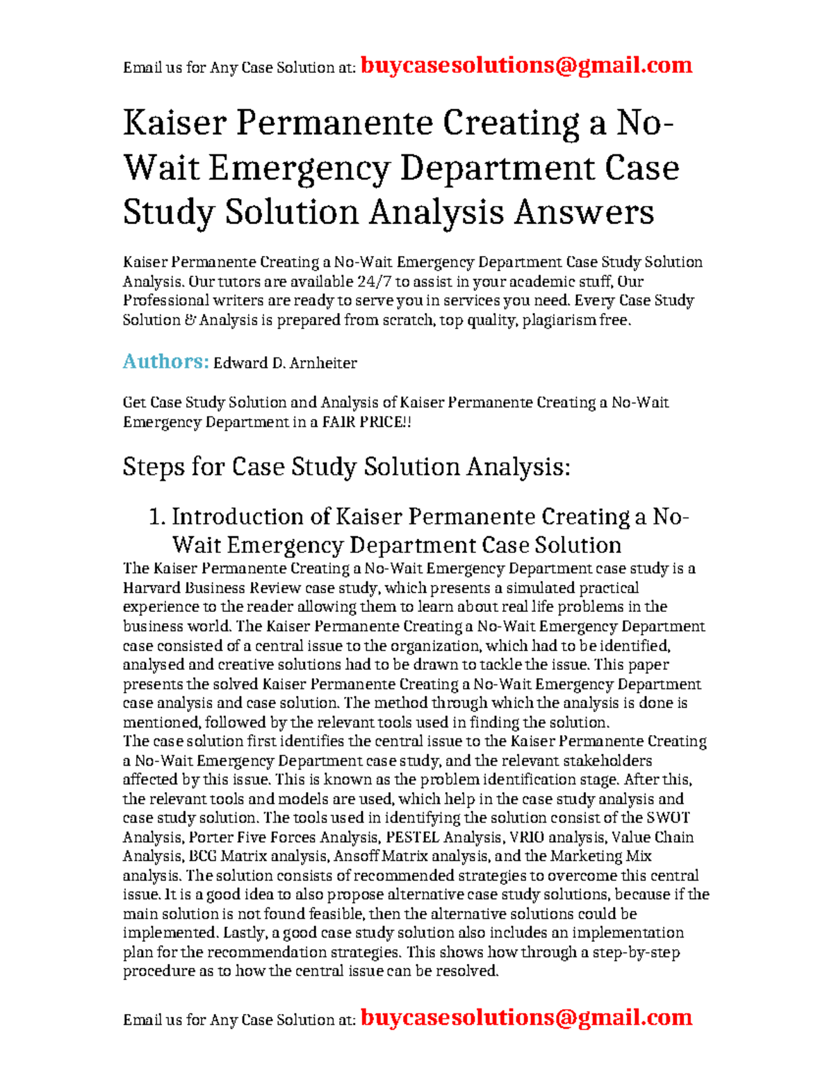 Case Solution Kaiser Permanente Creating a No-Wait Emergency Department ...