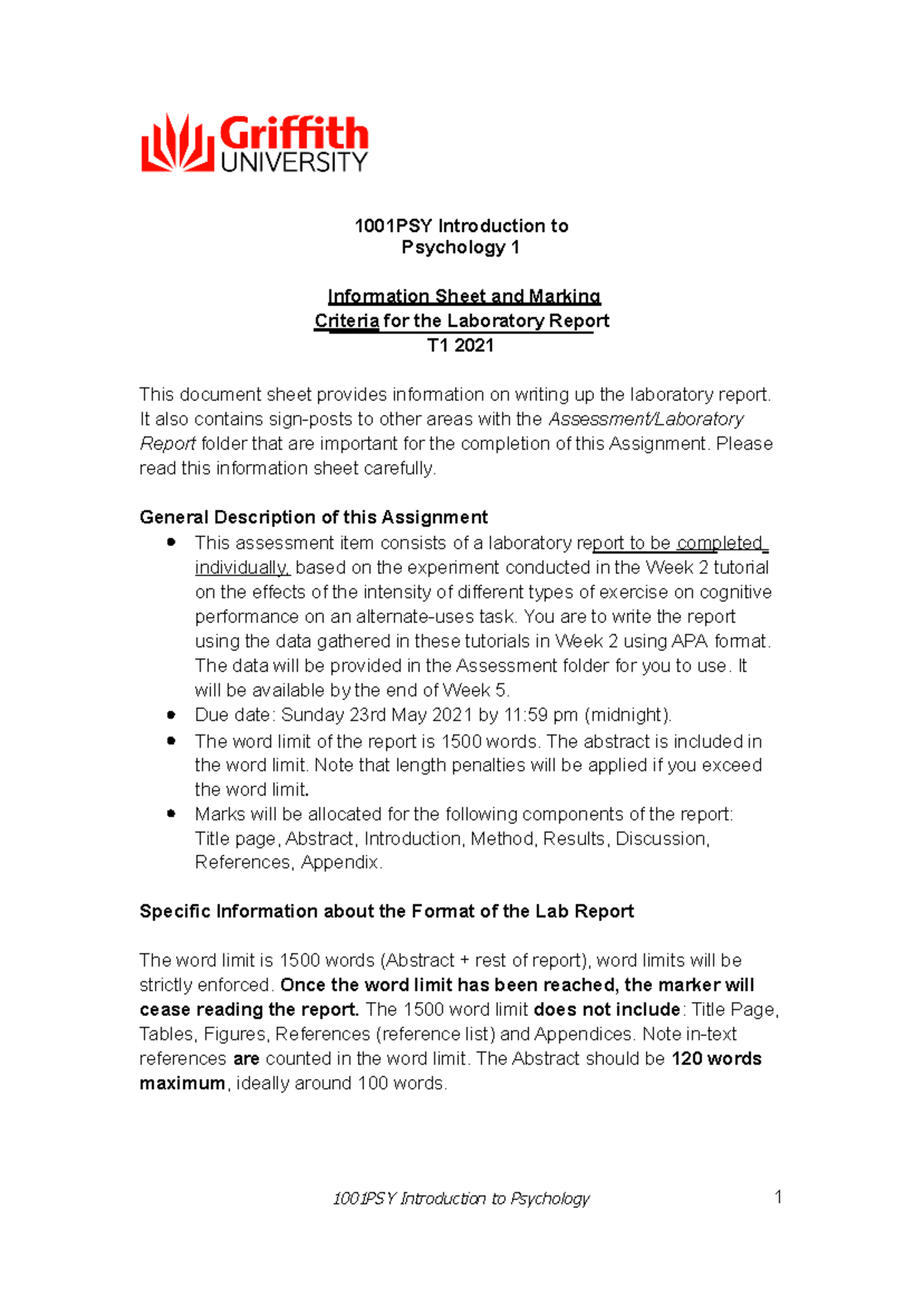 Information Sheet for Lab Report 1001PSY T1 2021 Final - 1001PSY ...