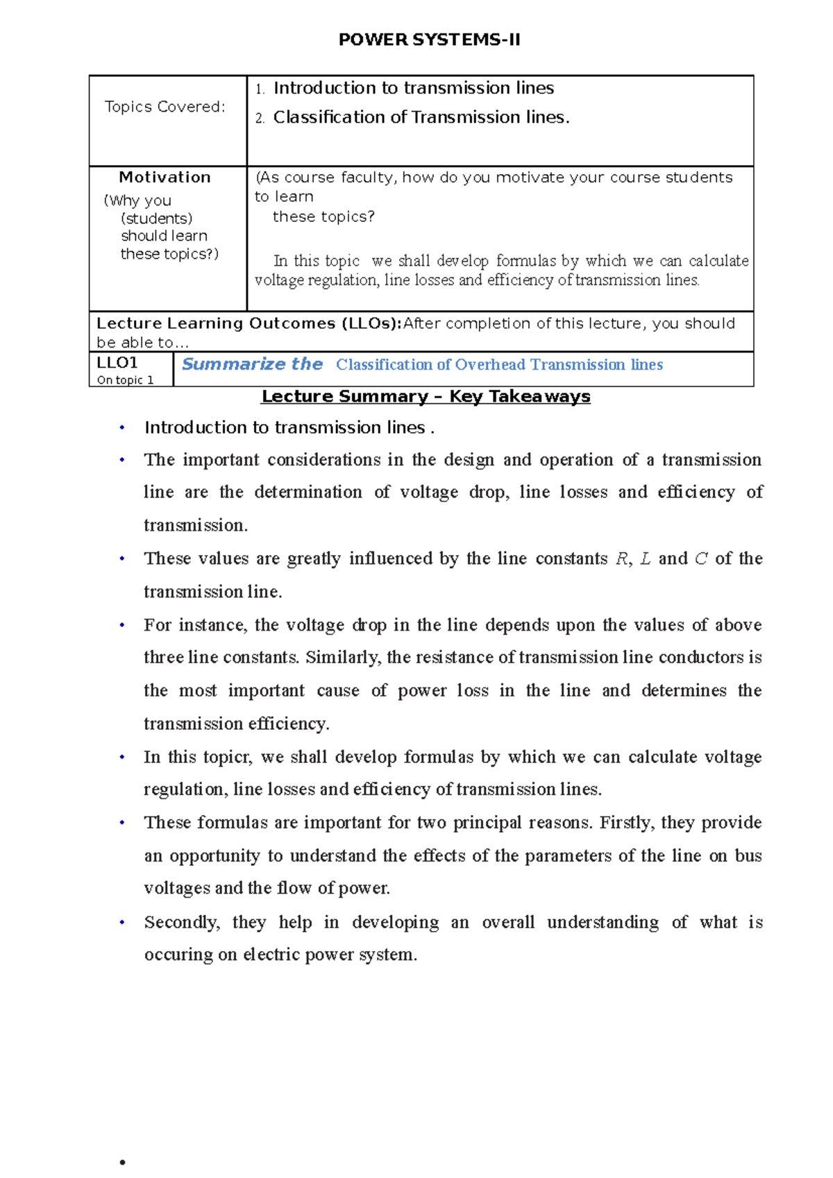 Introduction to transmission lines - POWER SYSTEMS-II Topics Covered: 1 ...