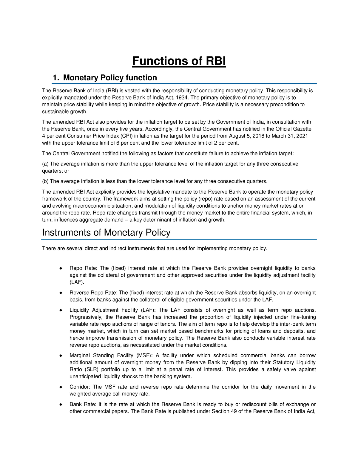 Economics Functions of RBI - Functions of RBI 1. Monetary Policy ...