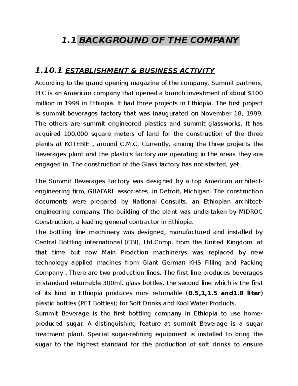 MOHA SOFT Drink S.C (Summit Plant) Back Ground 1 BACKGROUND OF THE