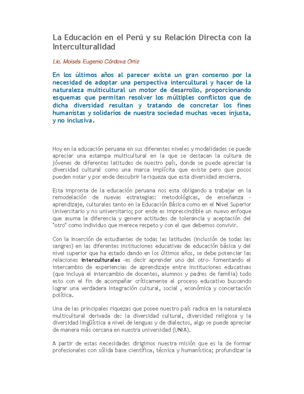 La Educación en el Perú y su Relación Directa con la Interculturalidad ...
