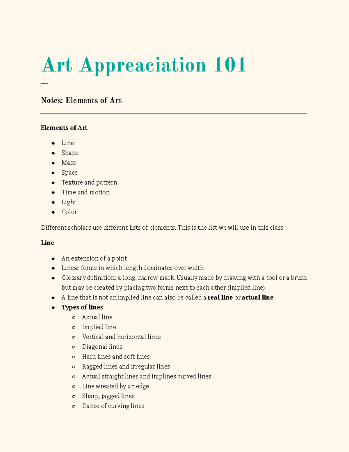 Art Appreciation Unit 1 Lecture 2 notes Moore Art Appreaciation 101