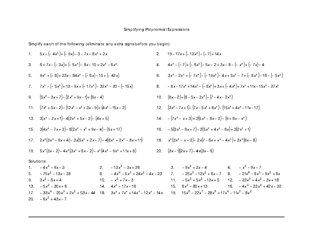 Simplifying Polynomial Expressions Worksheet - Simplifying Polynomial ...