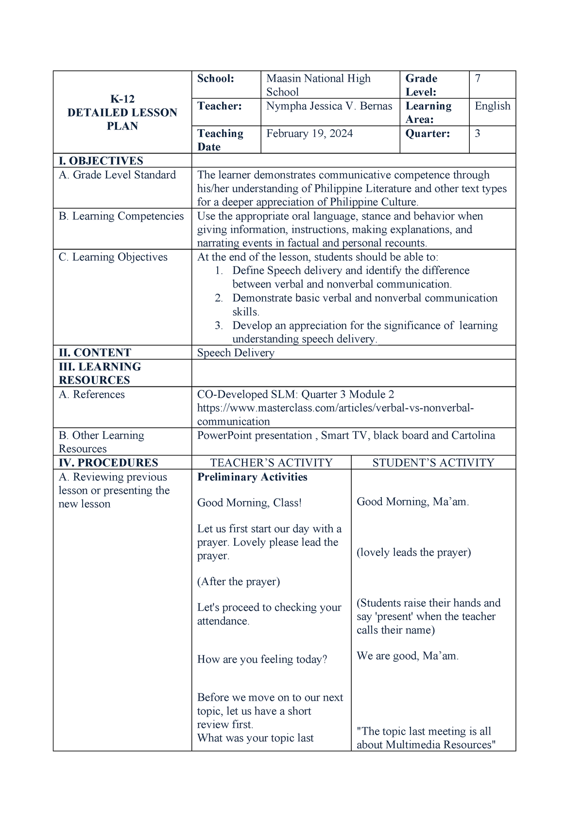 Module 2 - Monday (Speech Delivery) - K- DETAILED LESSON PLAN School ...