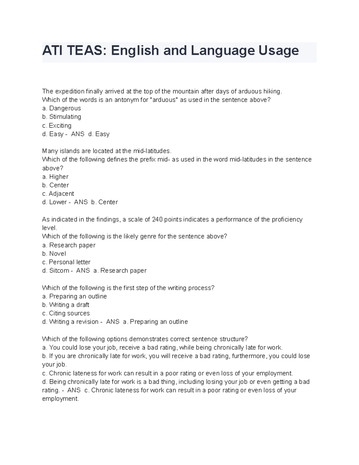 Untitled document (13) - ATI TEAS: English and Language Usage The ...