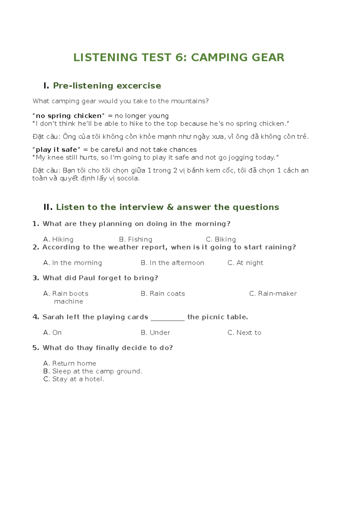 Listening TEST 6 Camping GEAR LISTENING TEST 6 CAMPING GEAR I. Pre