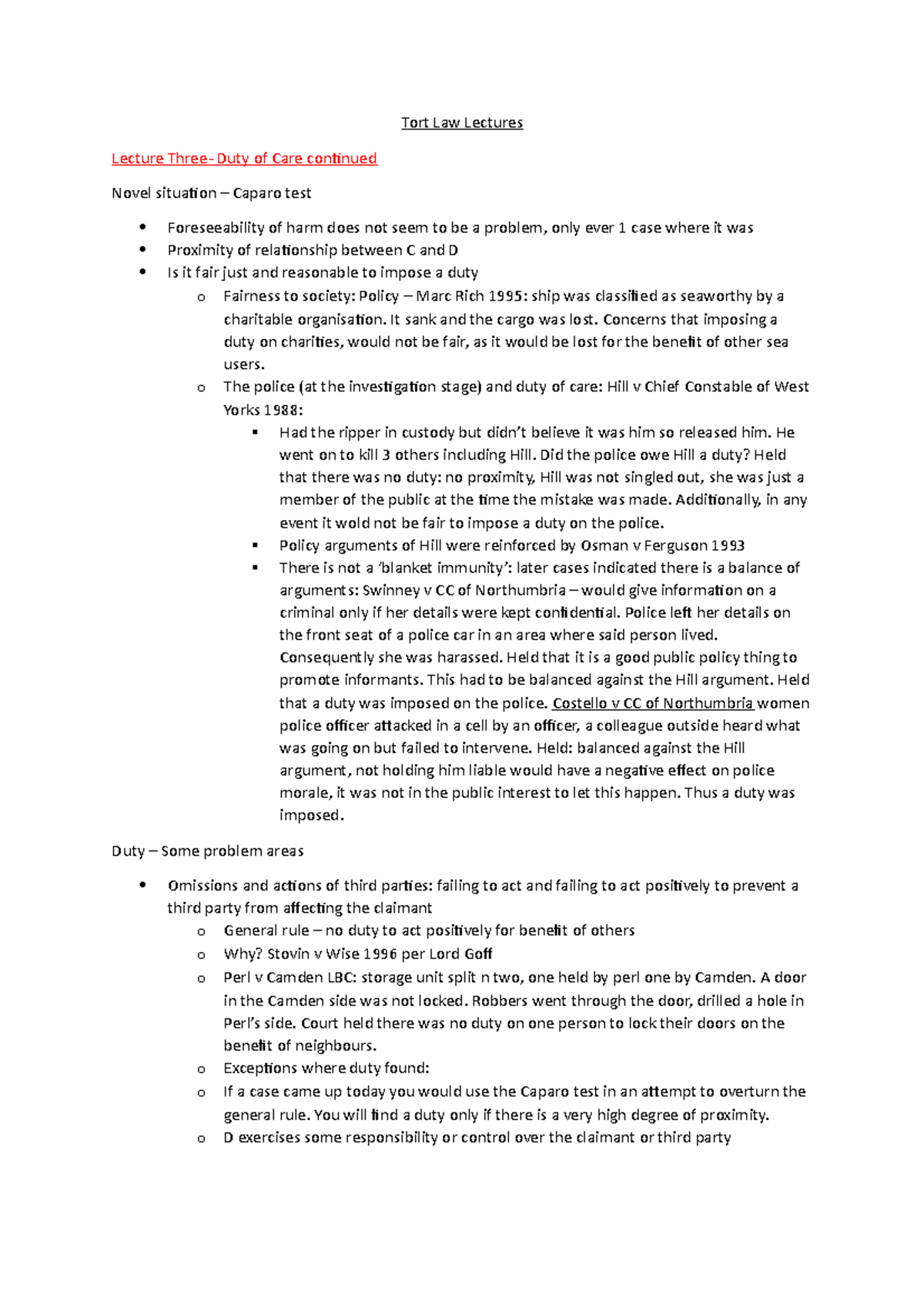 Law of Tort I Lecture Notes - Tort Law Lectures Lecture Three- Duty of ...