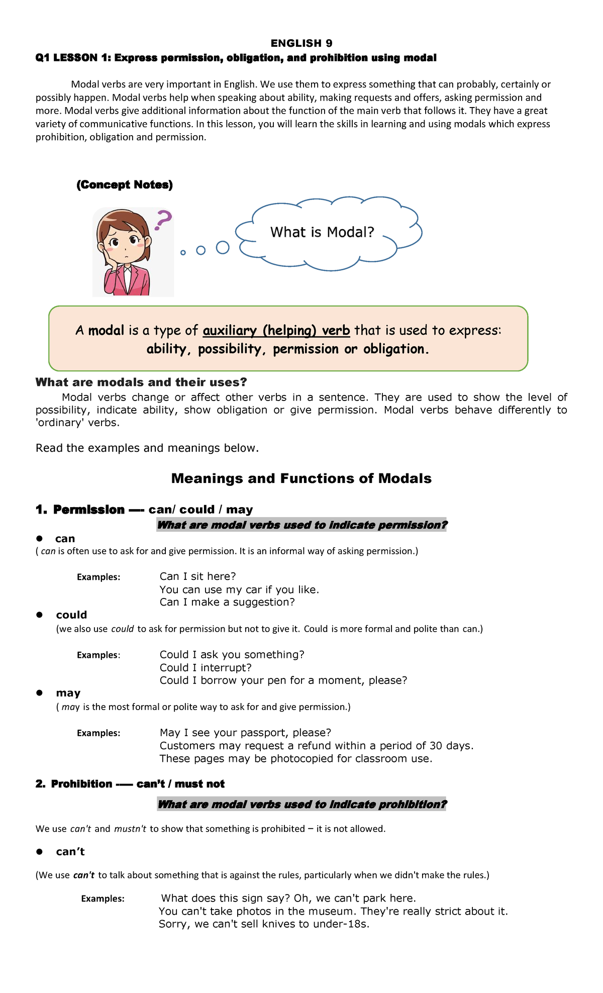 ENG - English 9 notes - ENGLISH 9 Q1 LESSON 1: Express permission ...