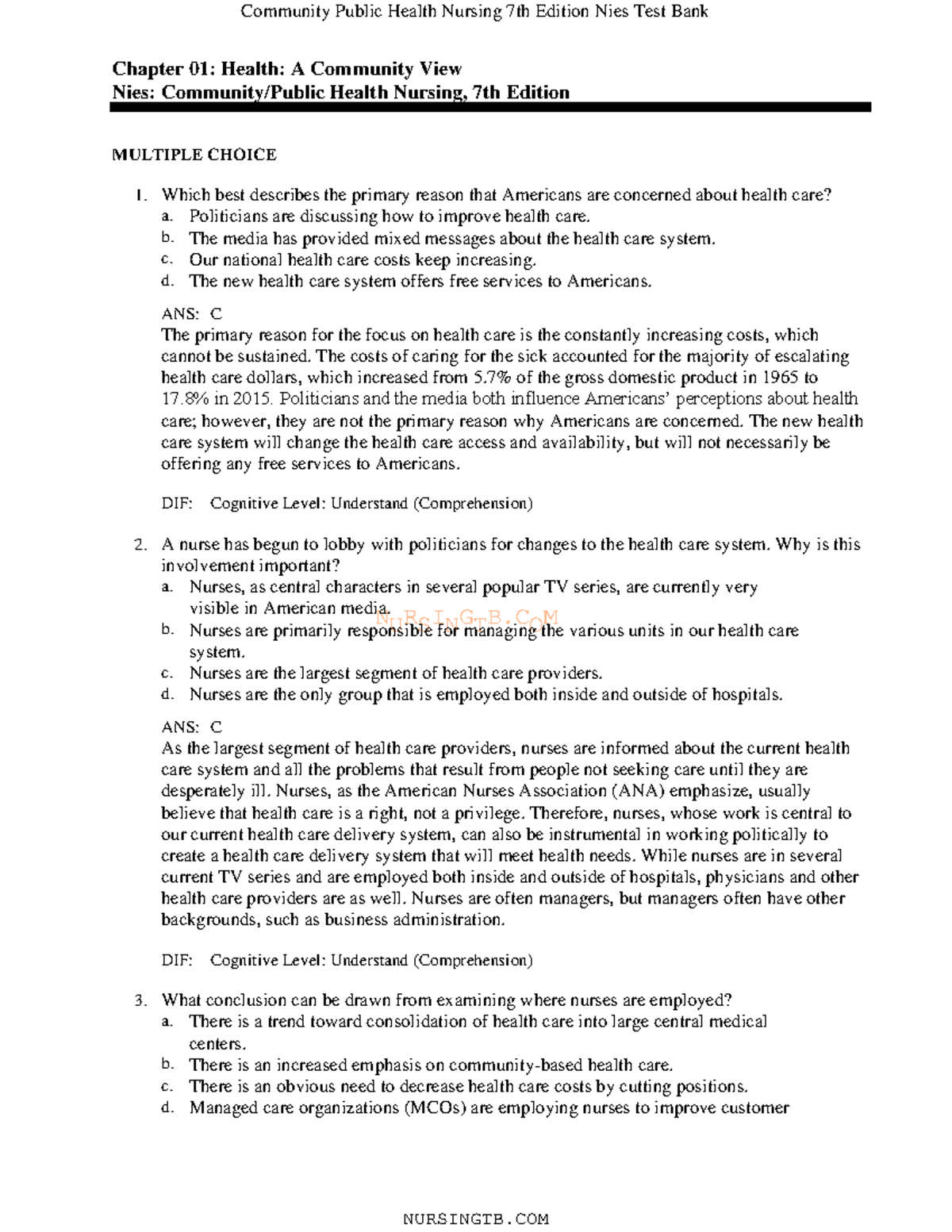 01 - Test B - NURSINGTB Chapter 01: Health: A Community View Nies ...