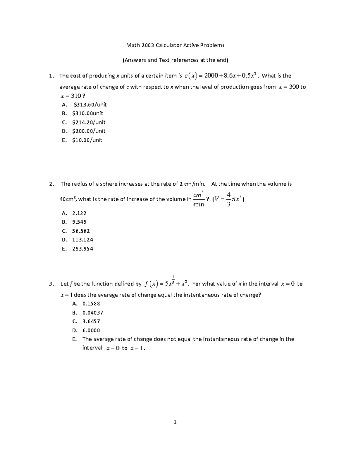 2003 Calculator Poblems - Math 2003 Calculator Active Problems (Answers ...