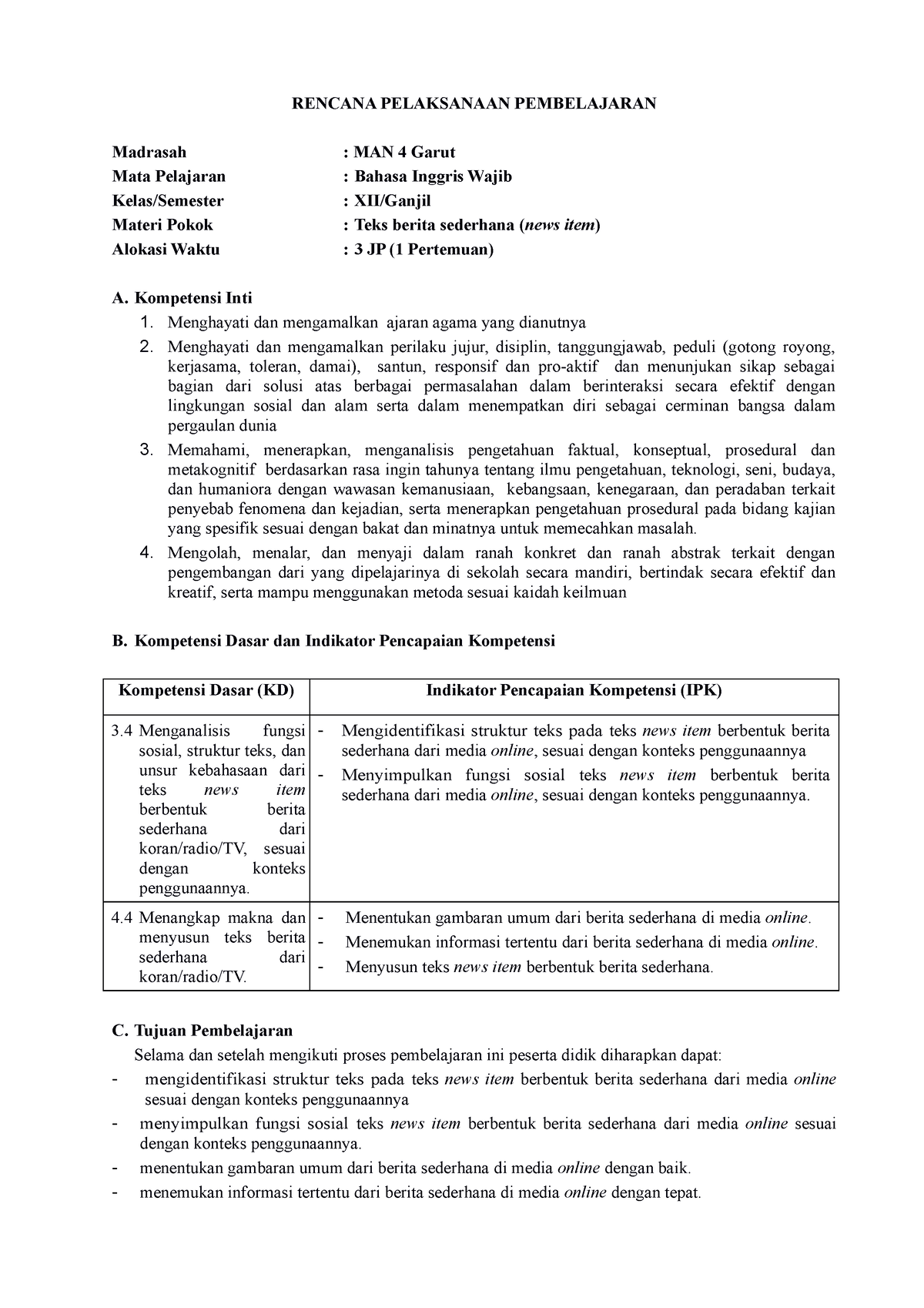 4. RPP B Inggris KLS XII - News Item [utk Supervisi Kelas] - RENCANA ...