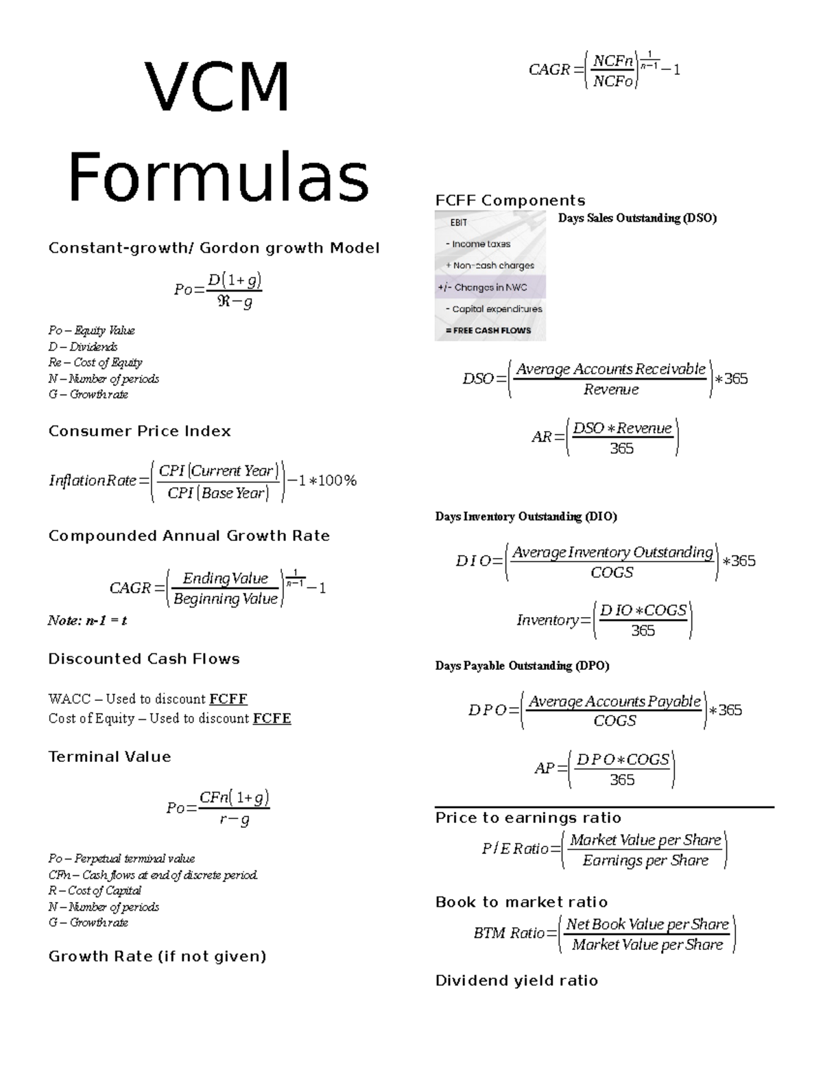 Vcm formulas - VCM Formulas Constant-growth/ Gordon growth Model Po= D ...