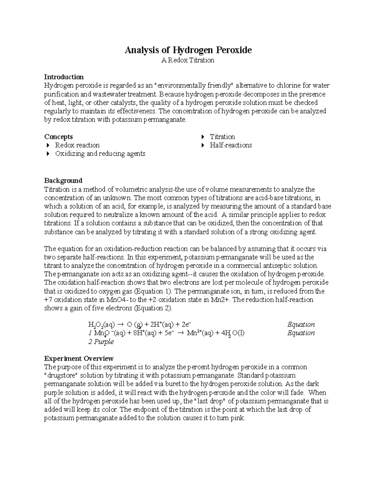 Analysis of hydrogen peroxide a redox titration - Analysis of Hydrogen ...