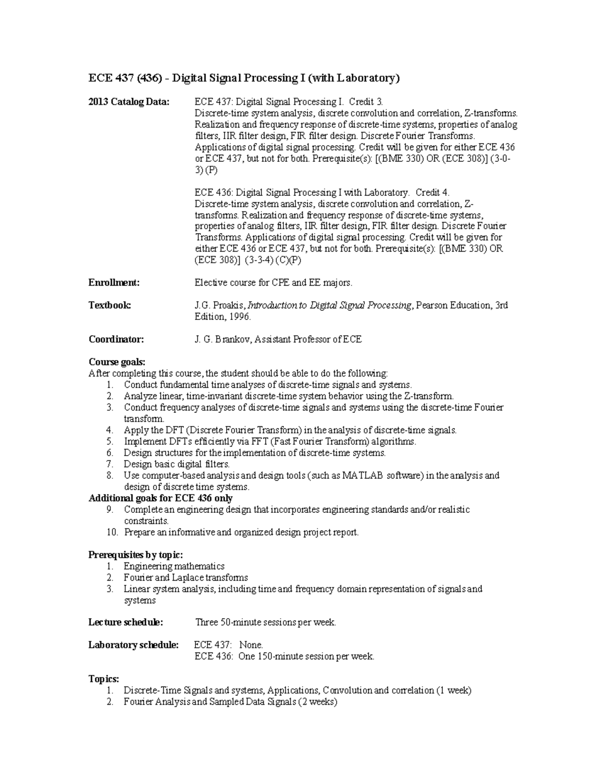 Ece436 437syllabus - ECE 437 (436) - Digital Signal Processing I (with ...